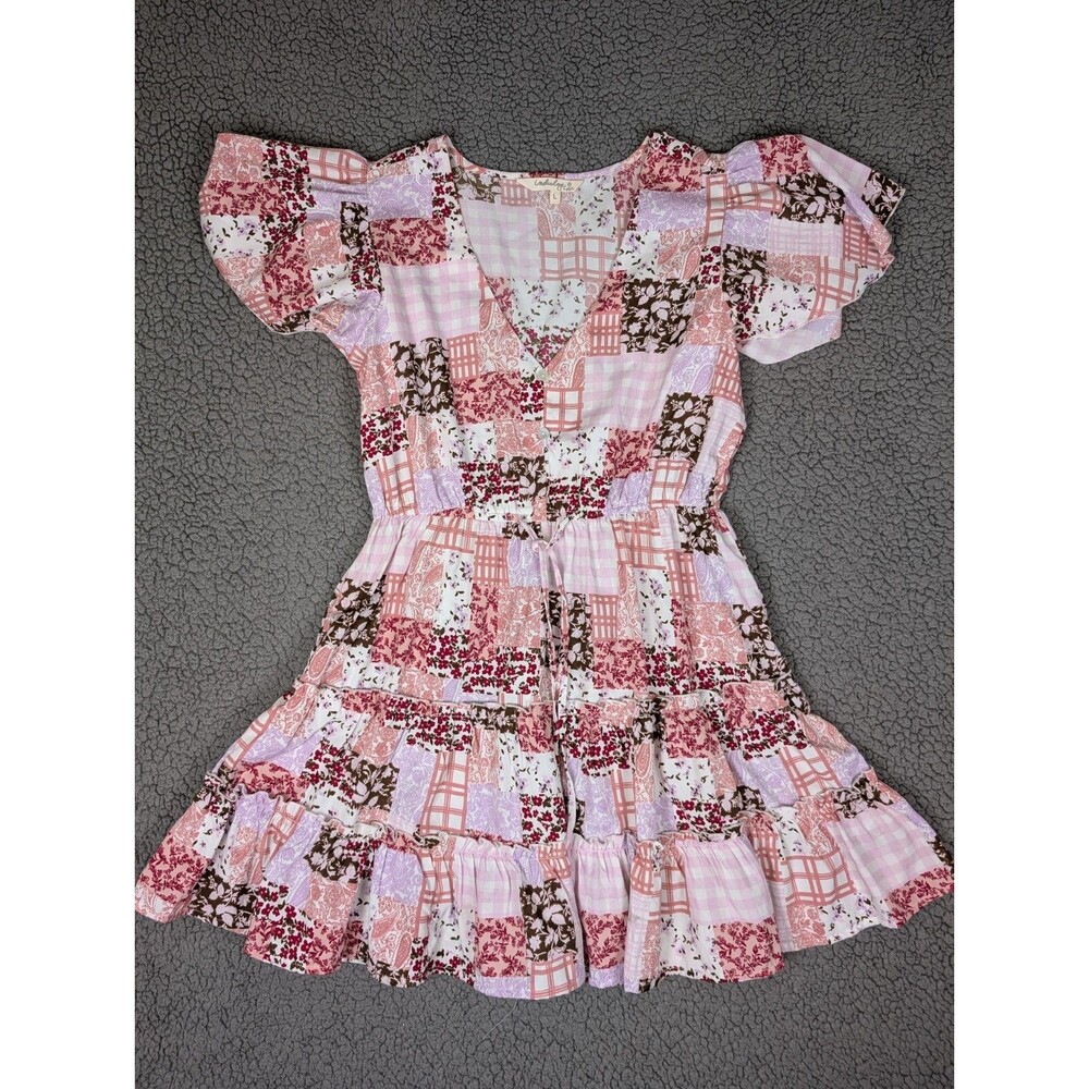 Indulge Dress Midi Cottage Core Tiered Ruffle Patchwork Quilt Print Size Large